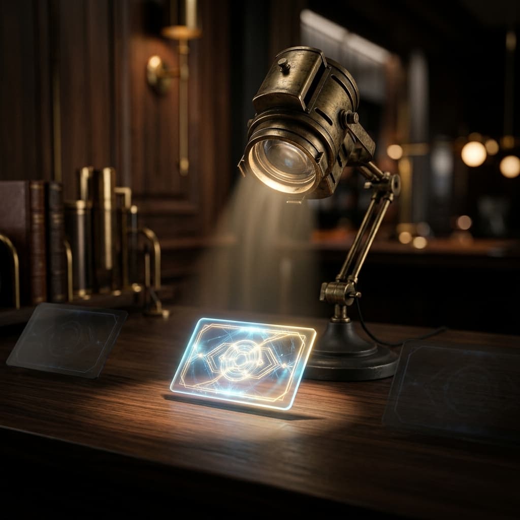 A vintage brass desk lamp picking out one glowing holographic card out of the darkness on a wooden desk