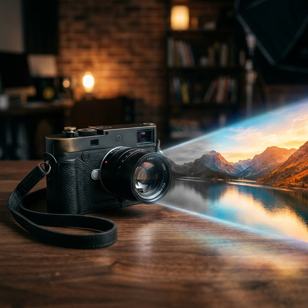 A premium camera on a wooden desk projecting a beam of light where a dull raw photo transforms into a vivid, cinematically graded landscape
