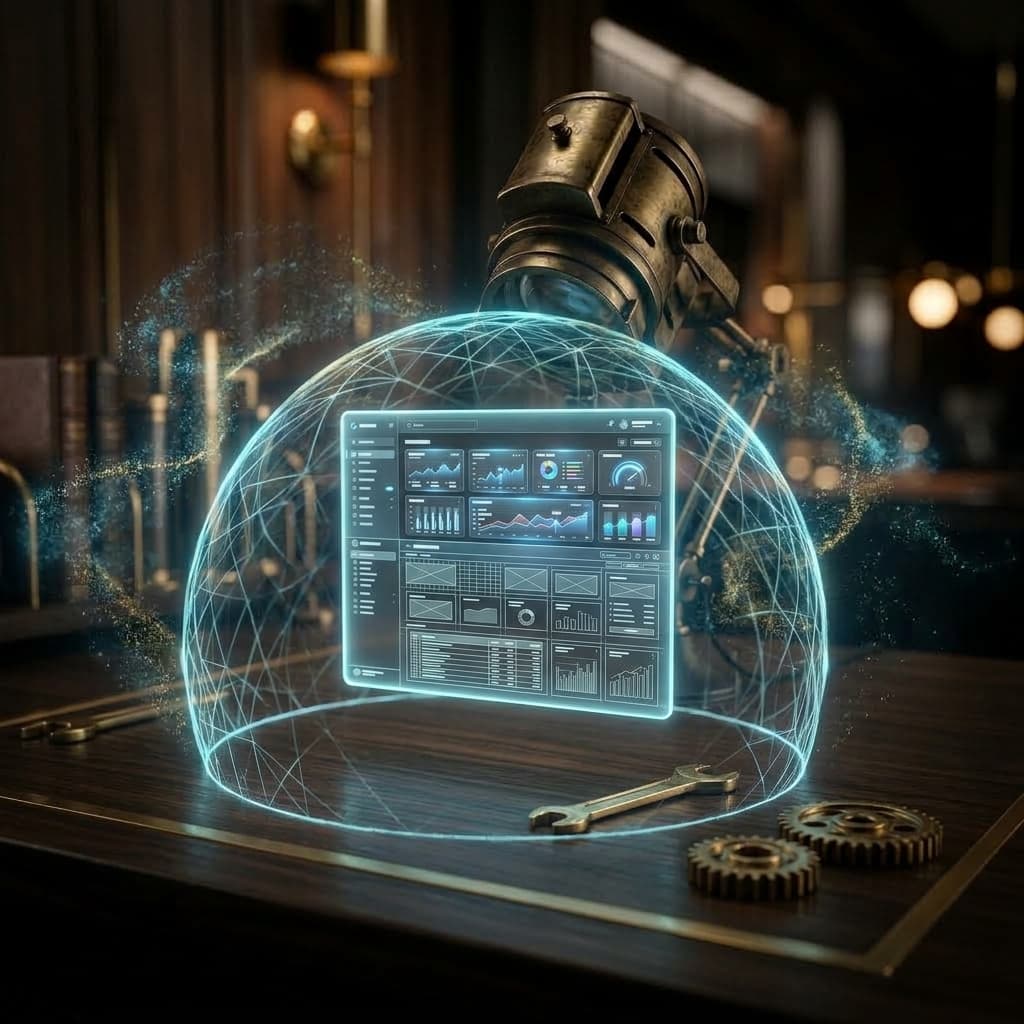 A glowing holographic protective dome shielding a dashboard hologram on a wooden desk with brass tools nearby