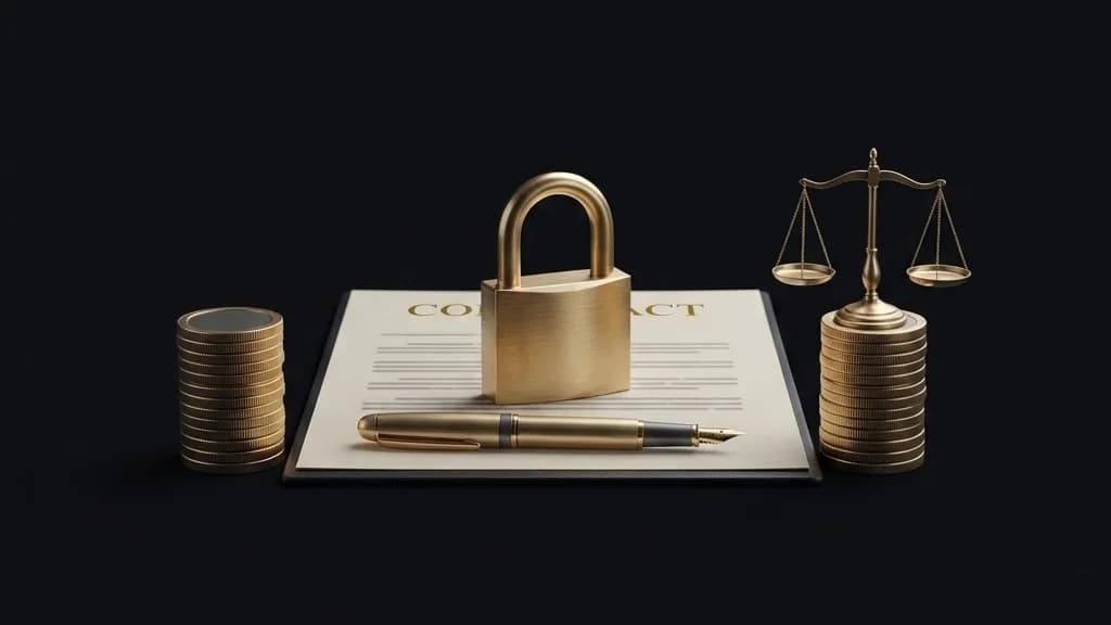 Fixed-price contract document with brass padlock, gold fountain pen, equal coin stacks and balance scales