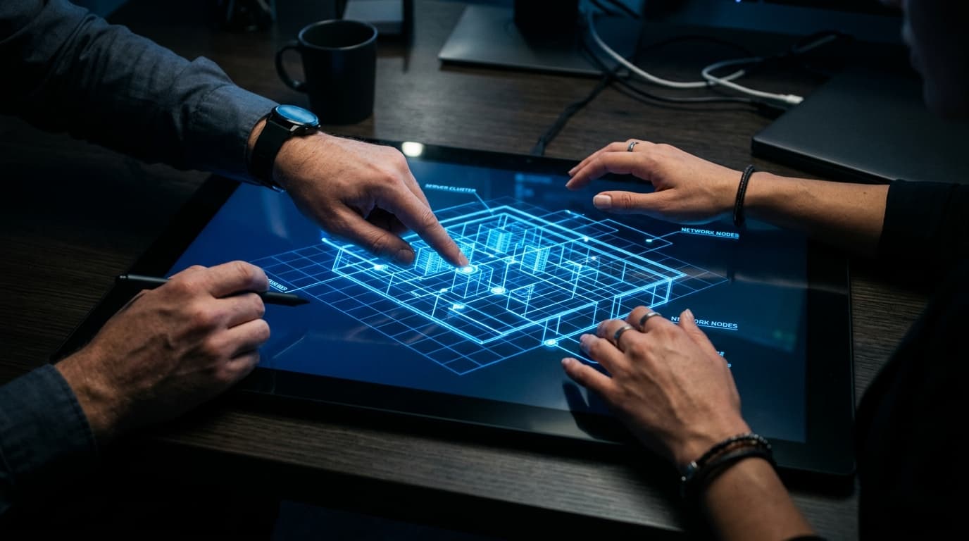 Две пары рук совместно работают над схемой на планшете