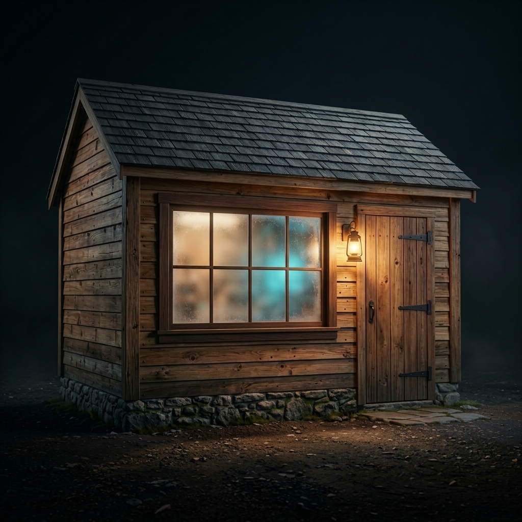 Rustic wooden workshop shed with a glowing window