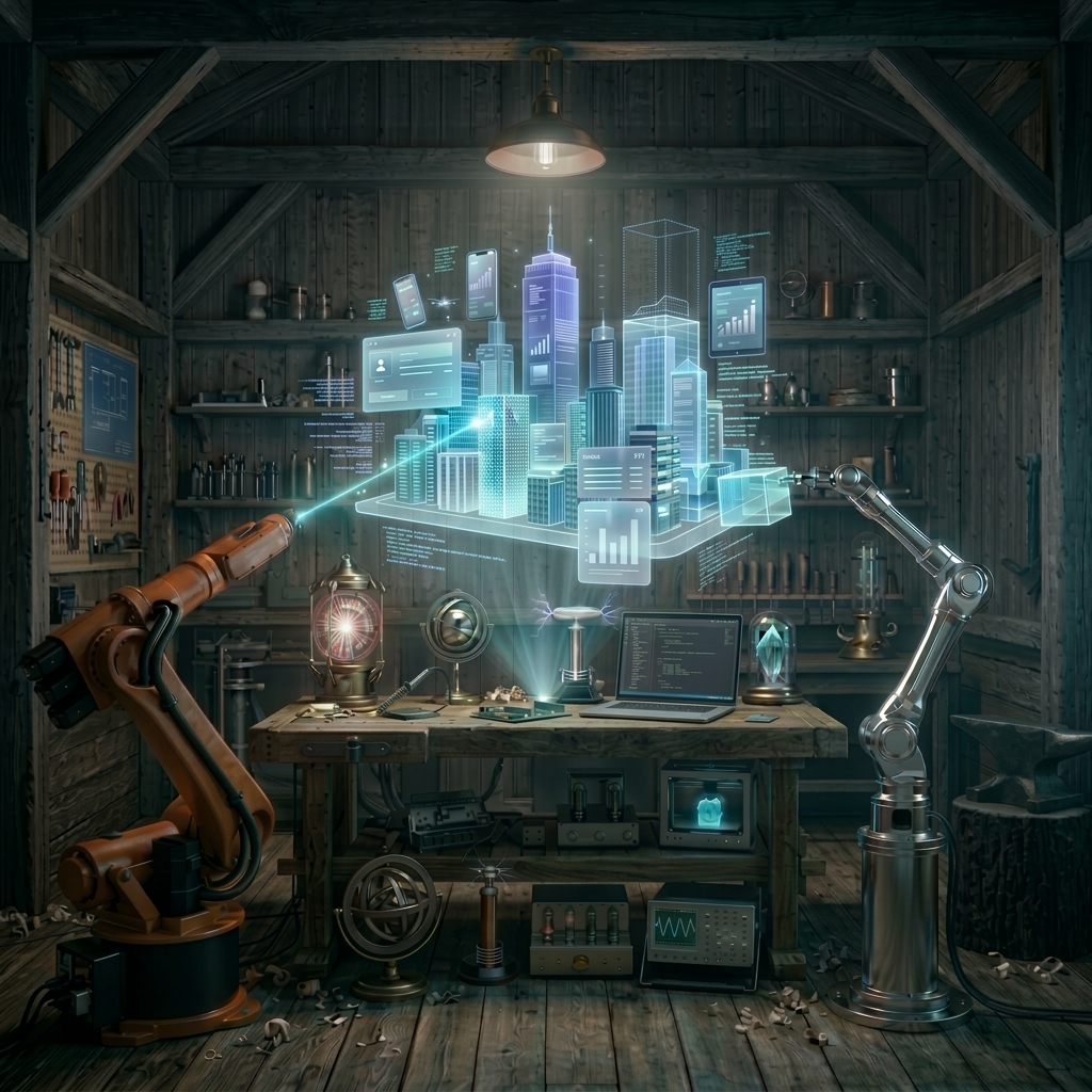 High-tech workshop inside a rustic shed